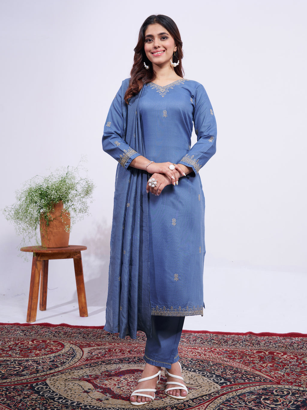 Kurti Pant Dupatta Set, Denim Blue Rayon Embroidered, Stitched