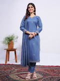 Kurti Pant Dupatta Set, Denim Blue Rayon Embroidered, Stitched