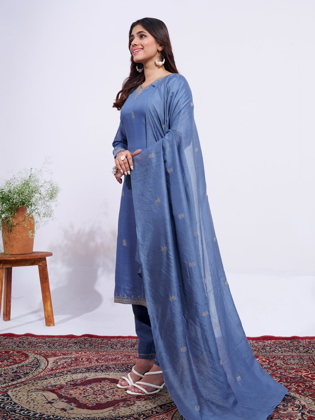 Kurti Pant Dupatta Set, Denim Blue Rayon Embroidered, Stitched