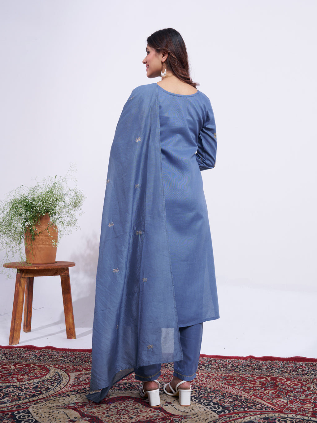 Kurti Pant Dupatta Set, Denim Blue Rayon Embroidered, Stitched