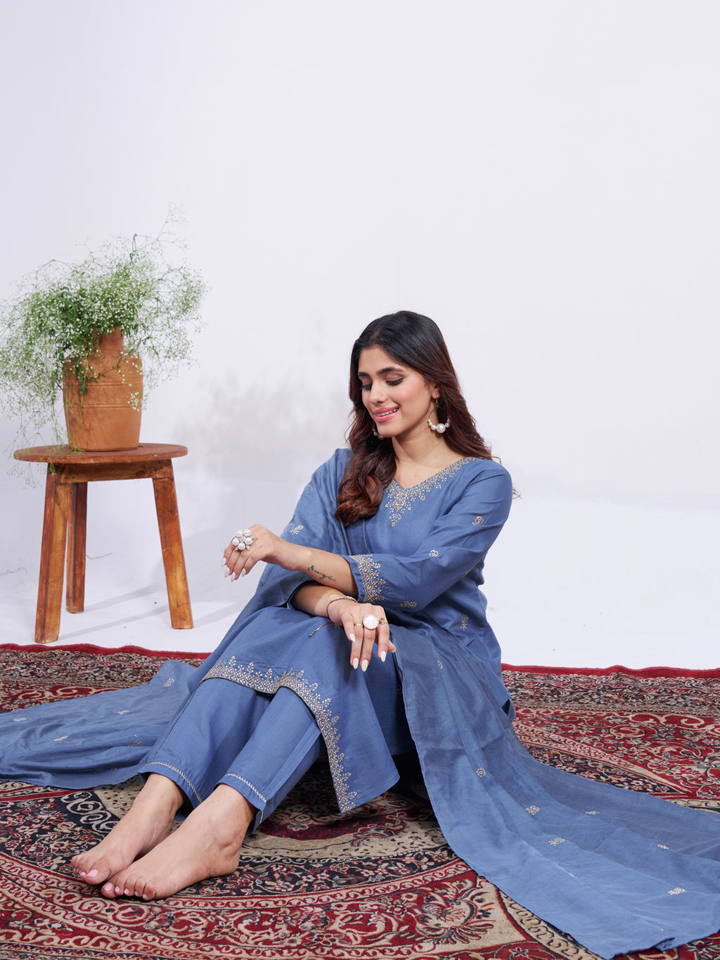 Kurti Pant Dupatta Set, Denim Blue Rayon Embroidered, Stitched