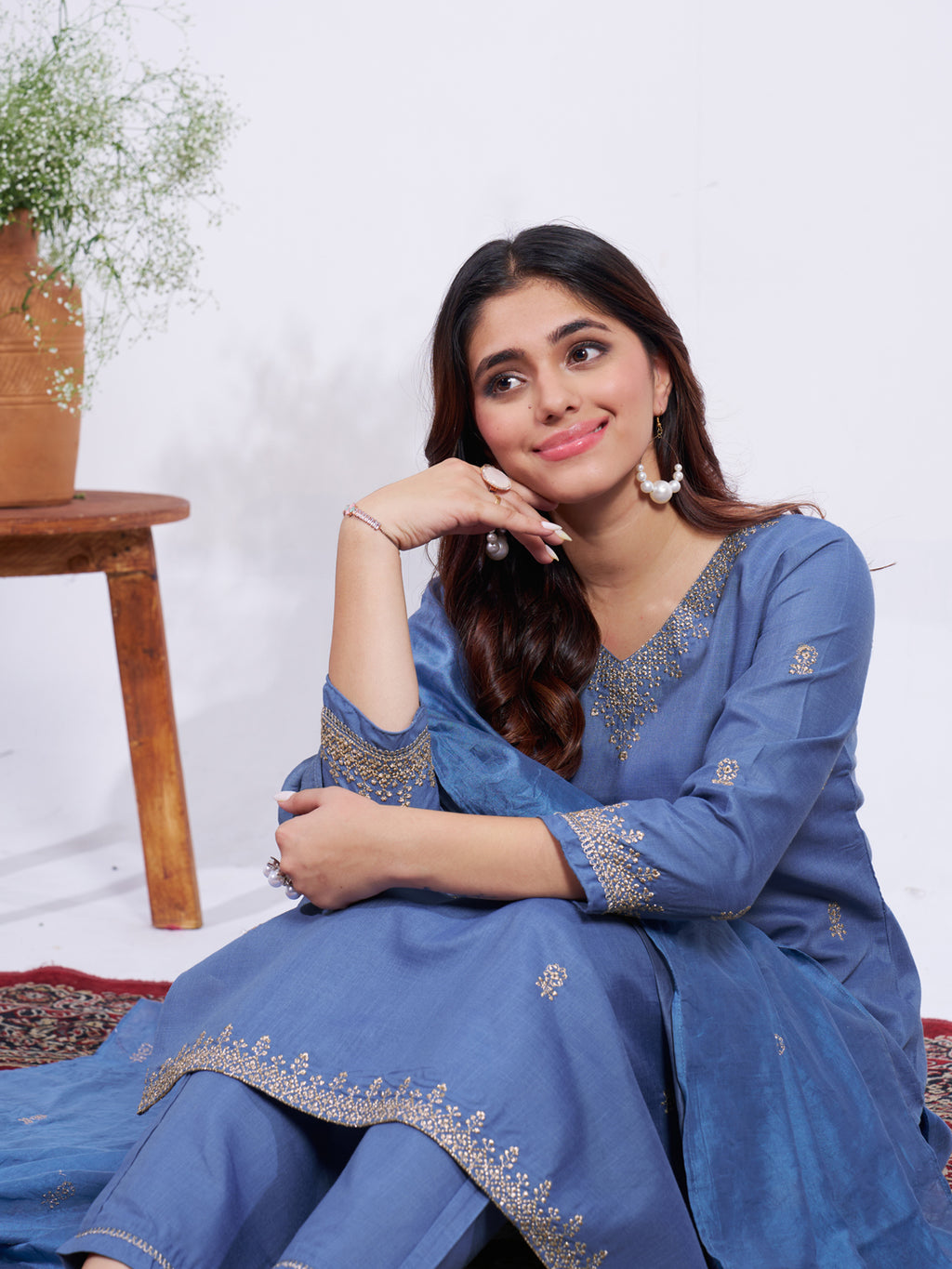 Kurti Pant Dupatta Set, Denim Blue Rayon Embroidered, Stitched