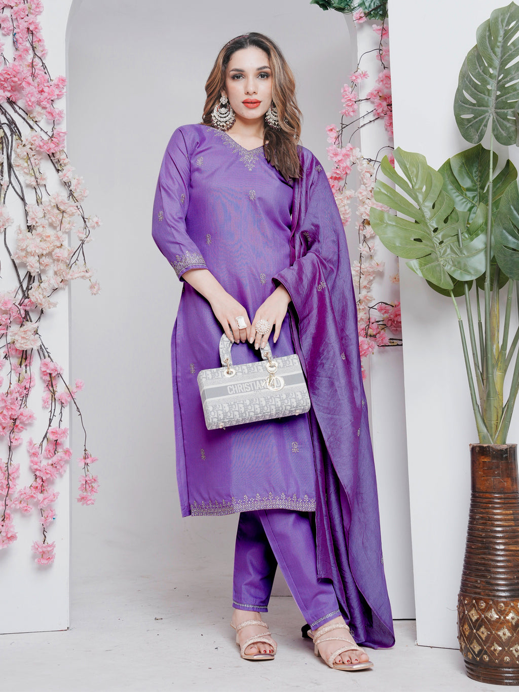Kurti Pant Dupatta Set, Lavender Rayon Embroidered, Stitched