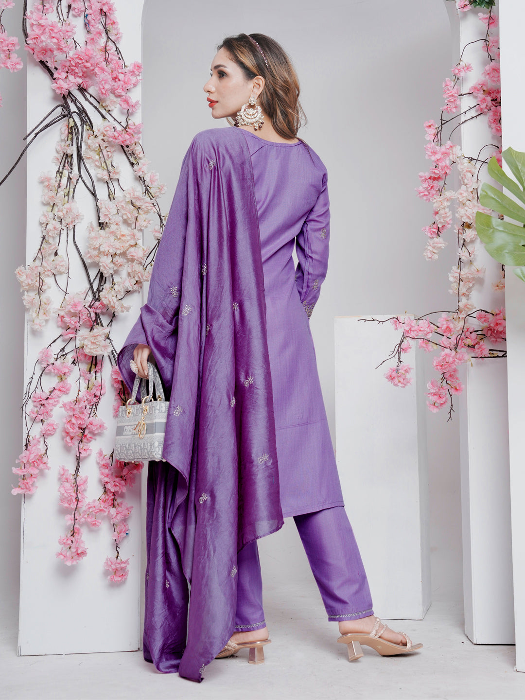 Kurti Pant Dupatta Set, Lavender Rayon Embroidered, Stitched