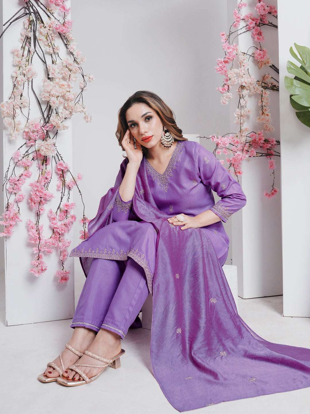 Kurti Pant Dupatta Set, Lavender Rayon Embroidered, Stitched