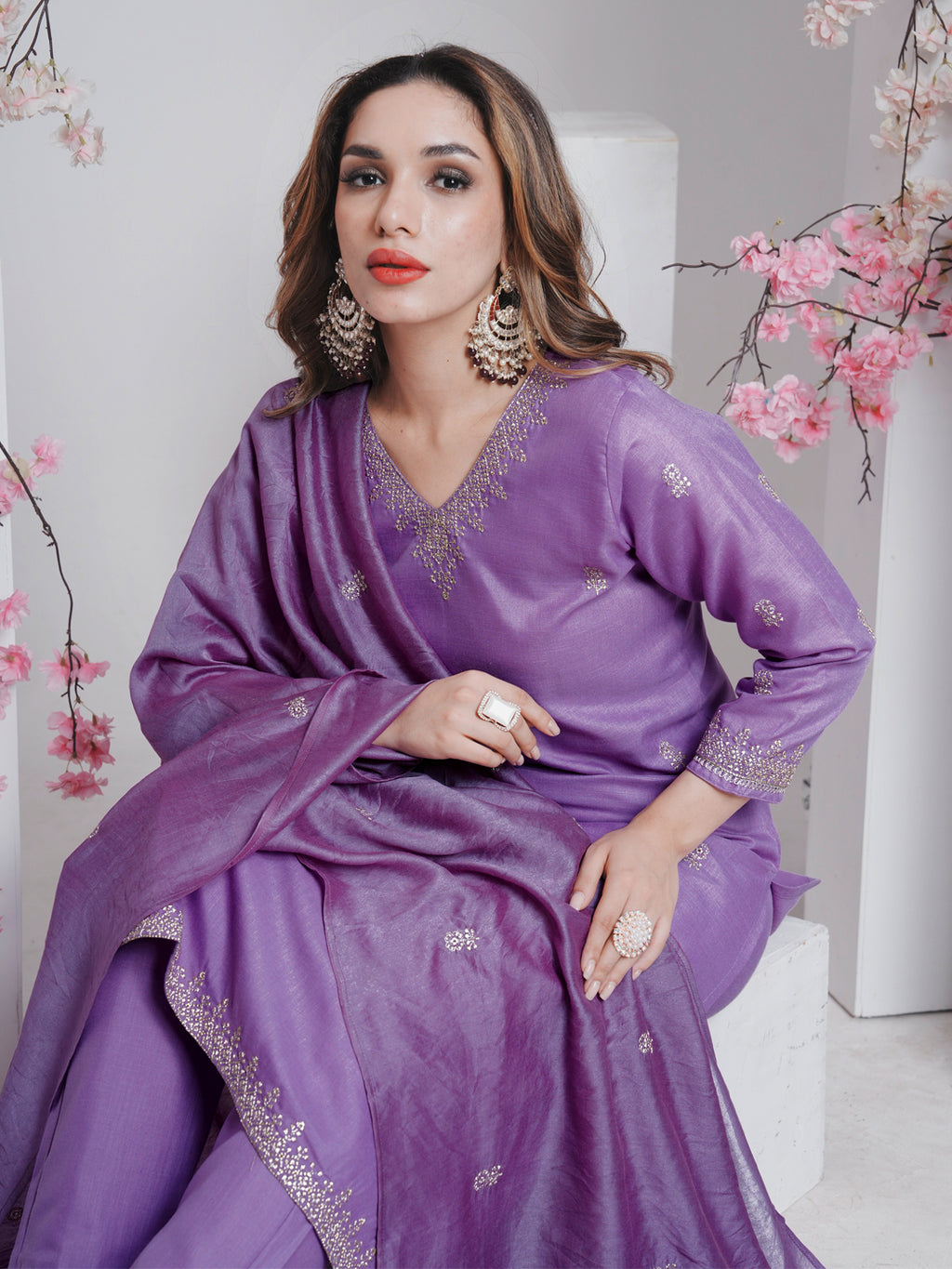 Kurti Pant Dupatta Set, Lavender Rayon Embroidered, Stitched
