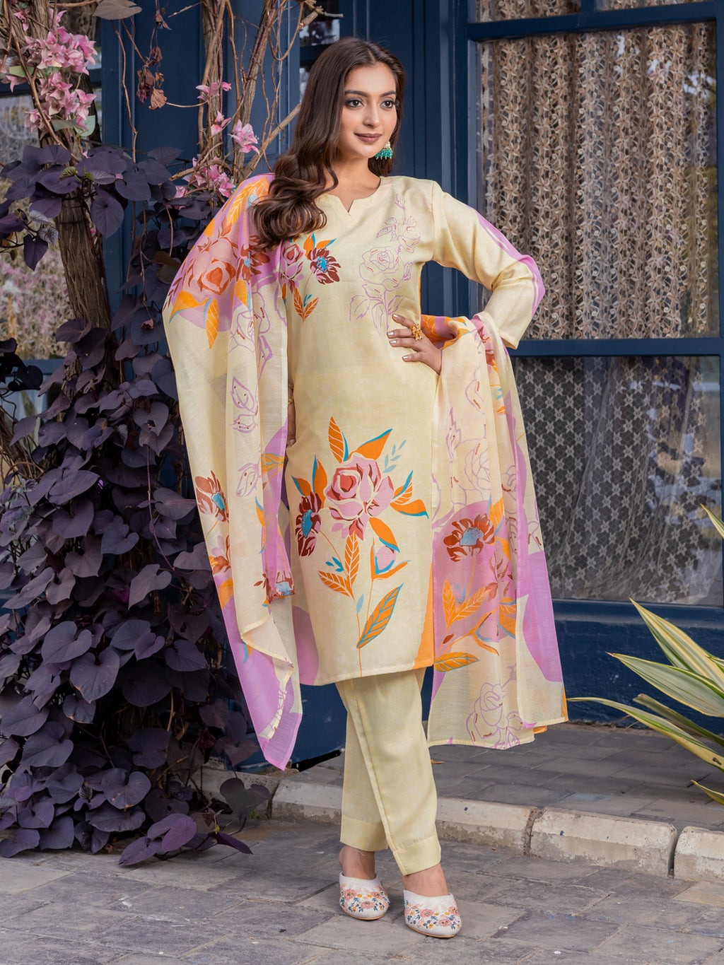 Kurti Pant Dupatta Set, Cream Cotton Blend, Stitched