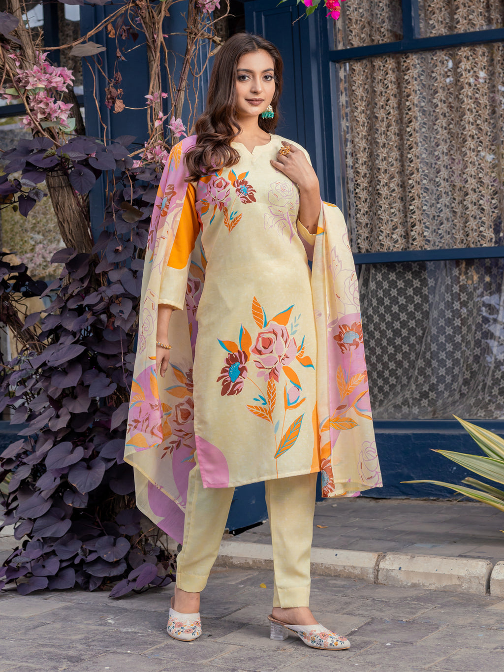 Kurti Pant Dupatta Set, Cream Cotton Blend, Stitched