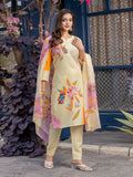 Kurti Pant Dupatta Set, Cream Cotton Blend, Stitched