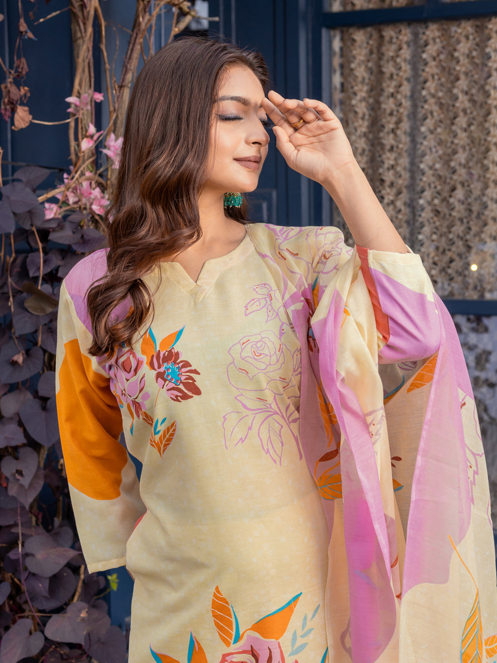 Kurti Pant Dupatta Set, Cream Cotton Blend, Stitched