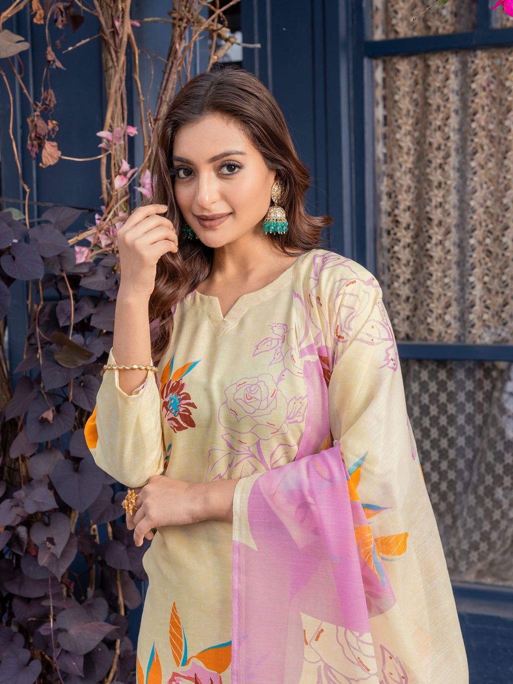 Kurti Pant Dupatta Set, Cream Cotton Blend, Stitched