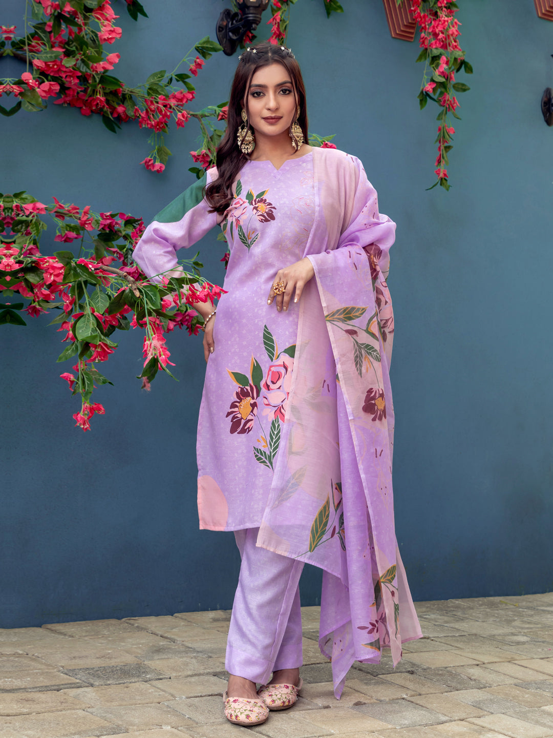 Kurti Pant Dupatta Set, Lavender Cotton Blend, Stitched