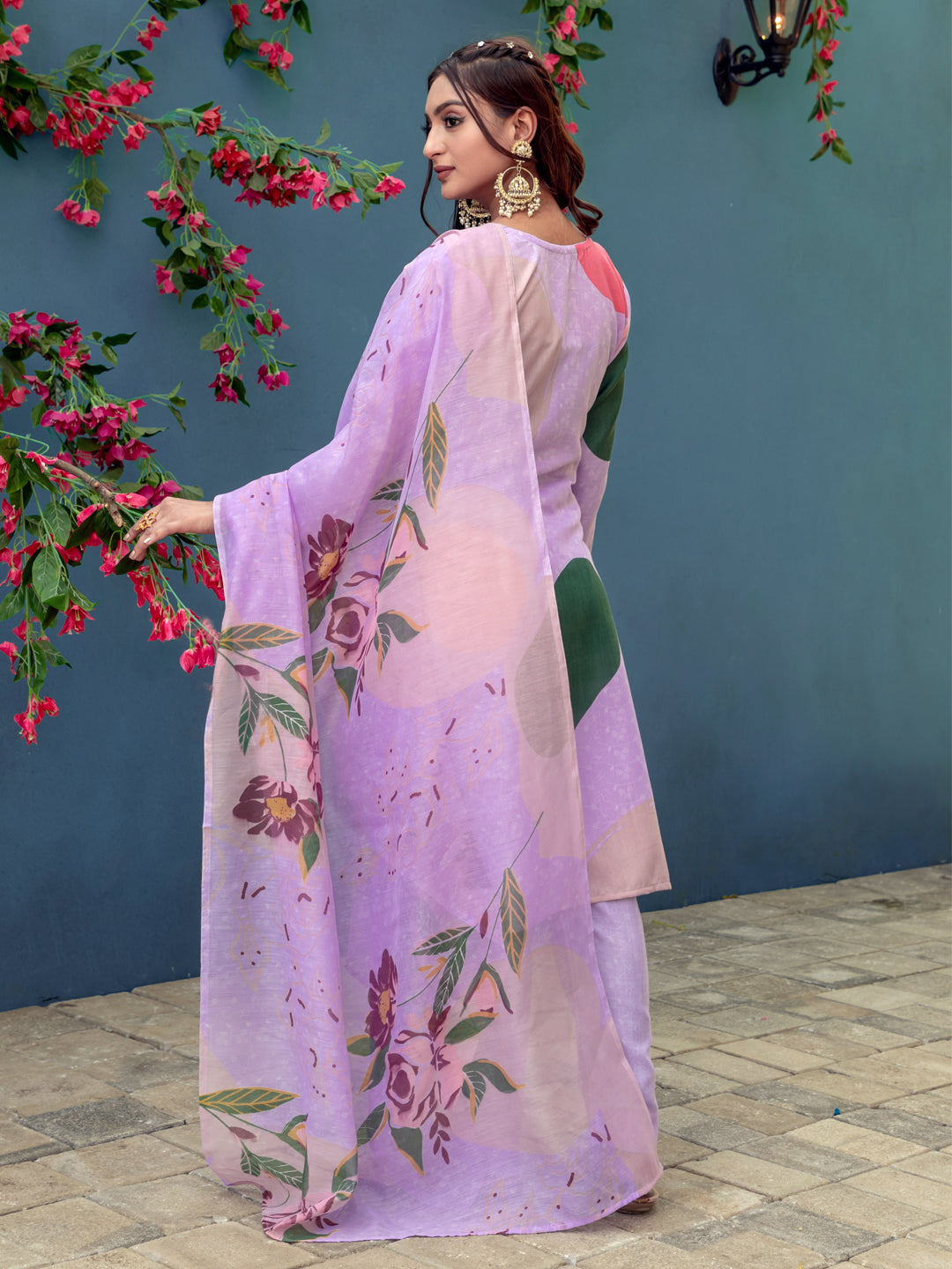 Kurti Pant Dupatta Set, Lavender Cotton Blend, Stitched