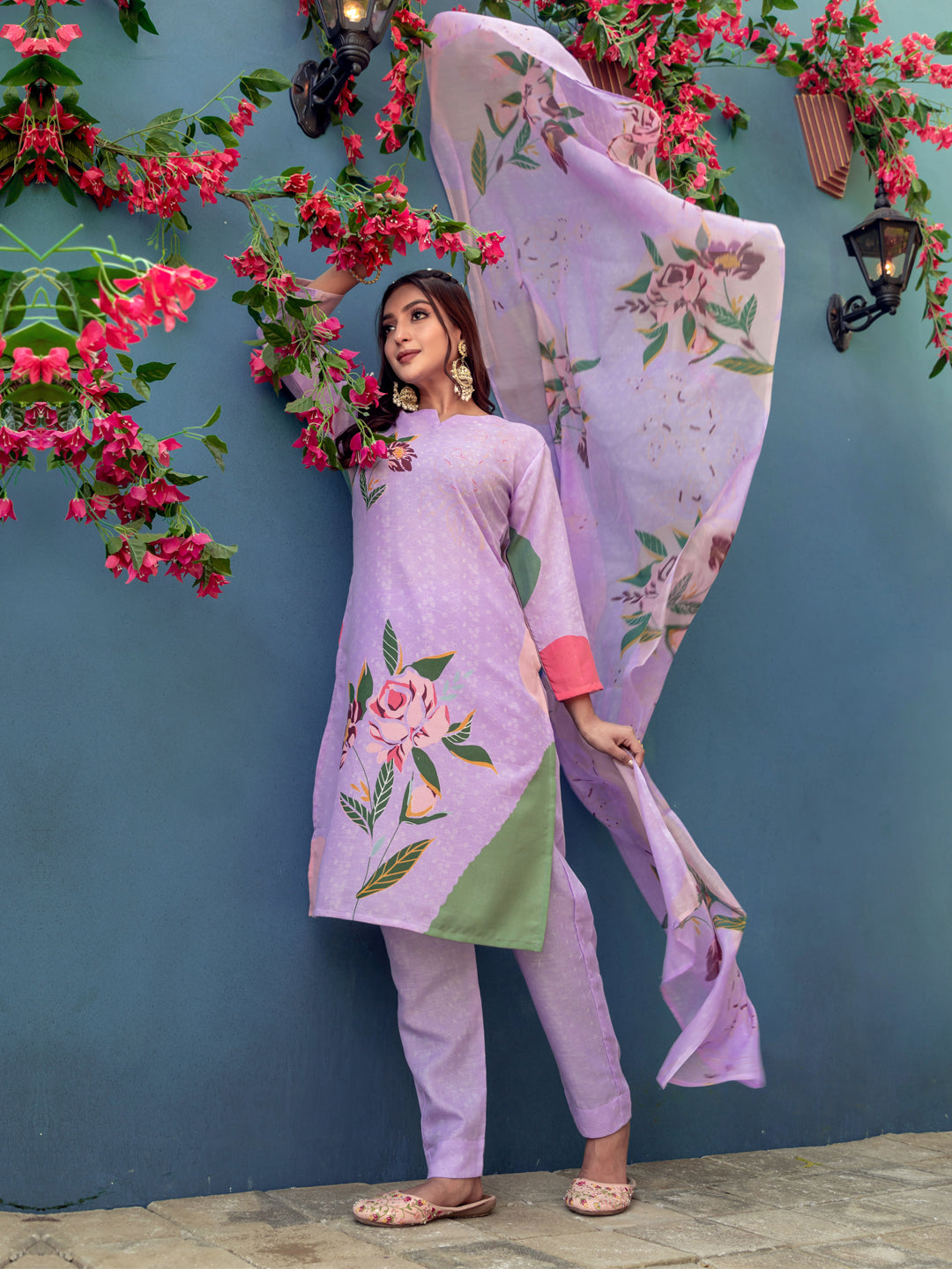 Kurti Pant Dupatta Set, Lavender Cotton Blend, Stitched