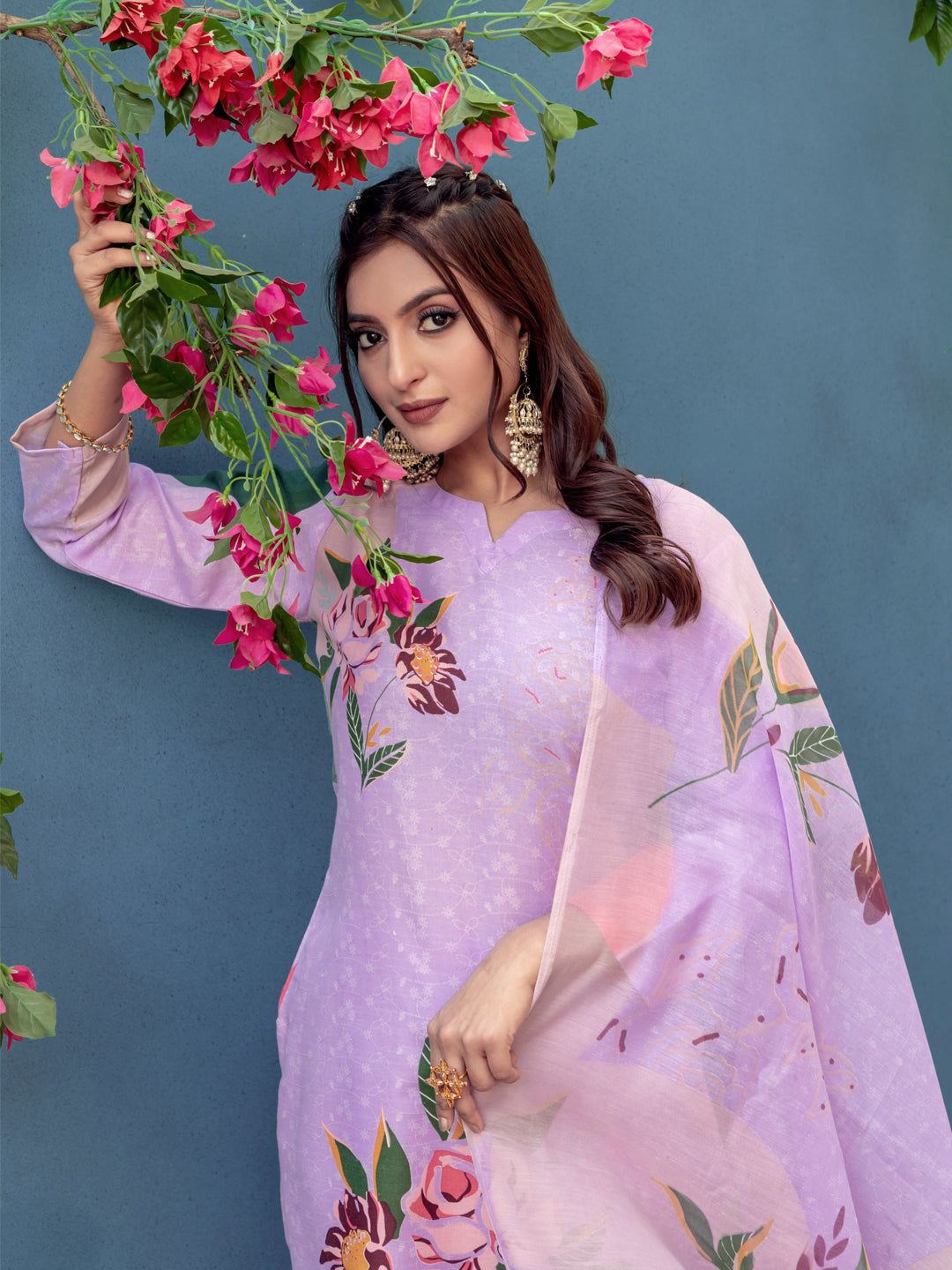 Kurti Pant Dupatta Set, Lavender Cotton Blend, Stitched