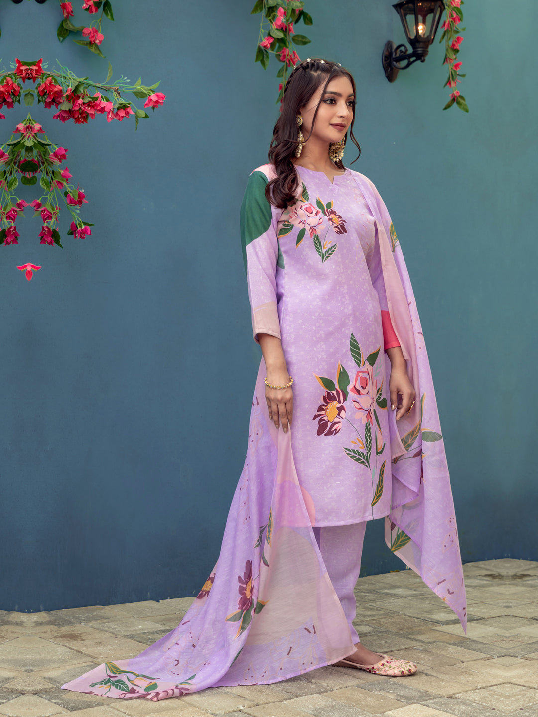 Kurti Pant Dupatta Set, Lavender Cotton Blend, Stitched