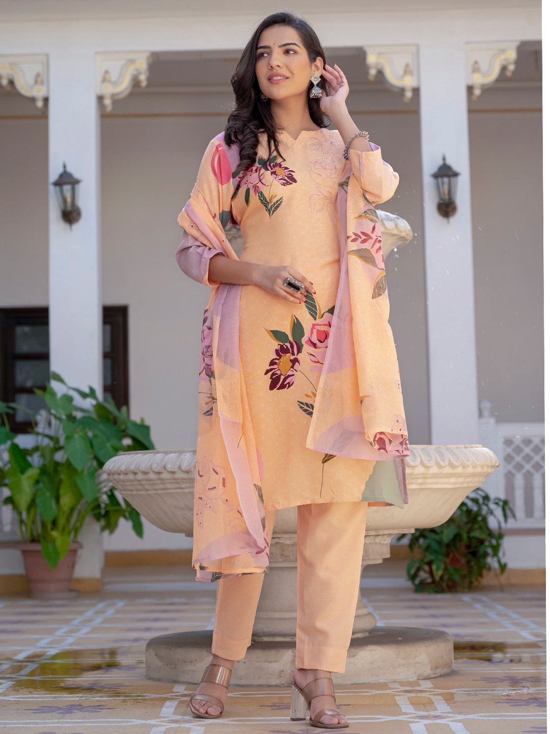 Kurti Pant Dupatta Set, Orange Cotton Blend, Stitched