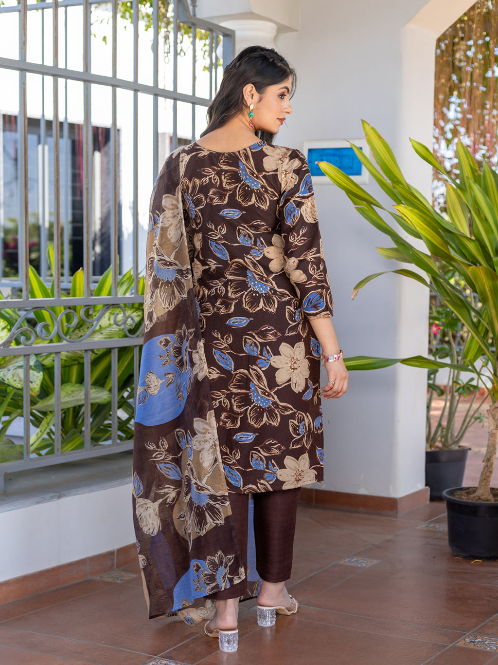 Kurti Pant Dupatta Set, Stitched, Cotton, Coffee