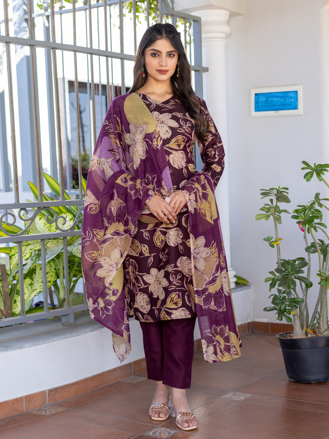 Kurti Pant Dupatta Set, Stitched, Cotton, Purple