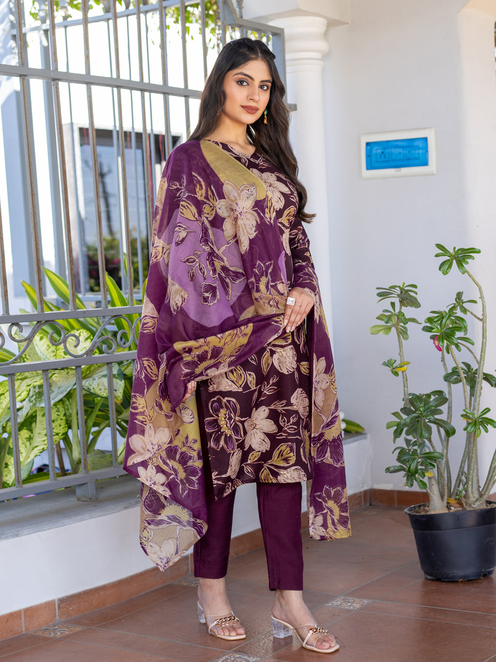 Kurti Pant Dupatta Set, Stitched, Cotton, Purple