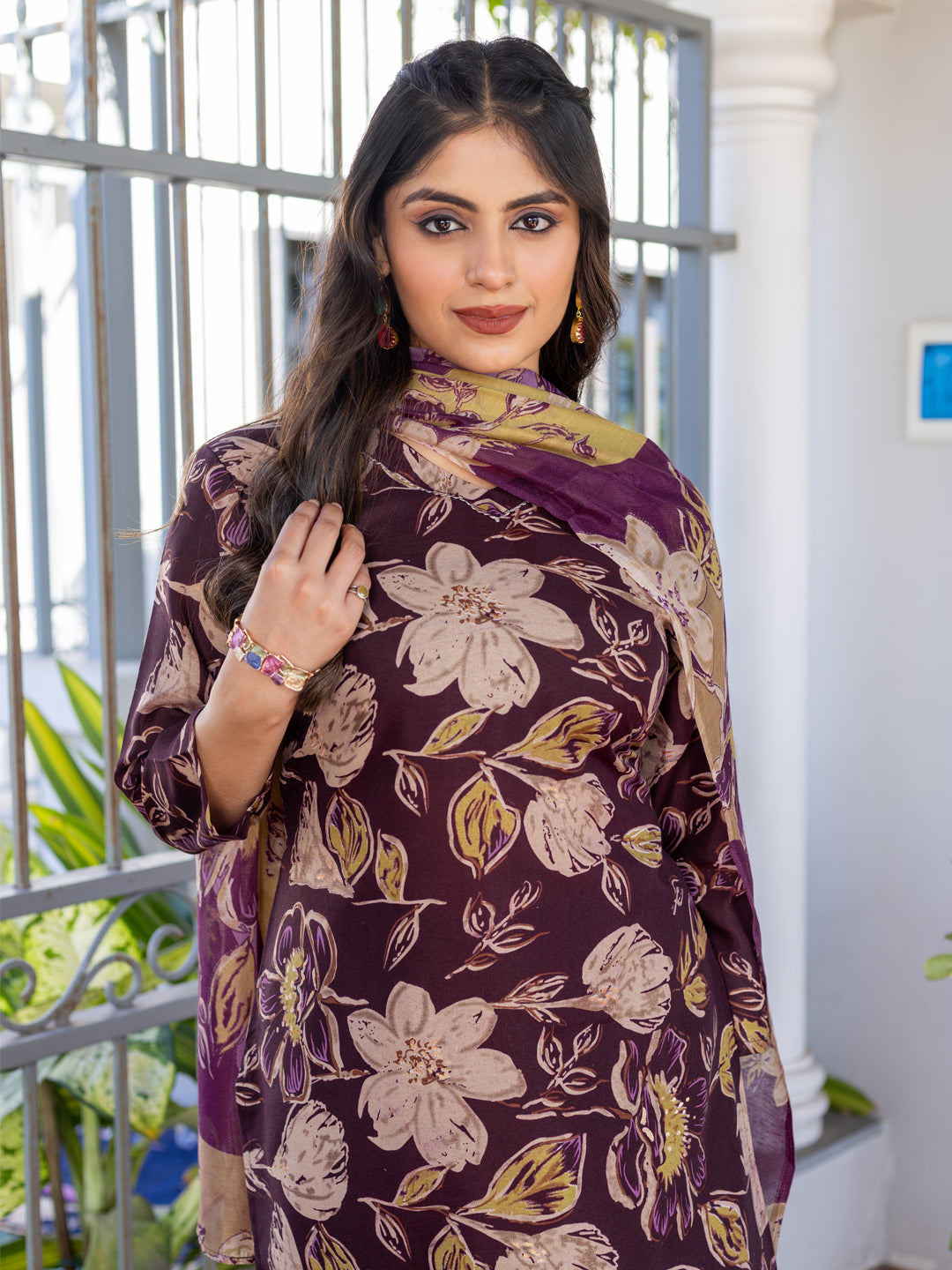 Kurti Pant Dupatta Set, Stitched, Cotton, Purple