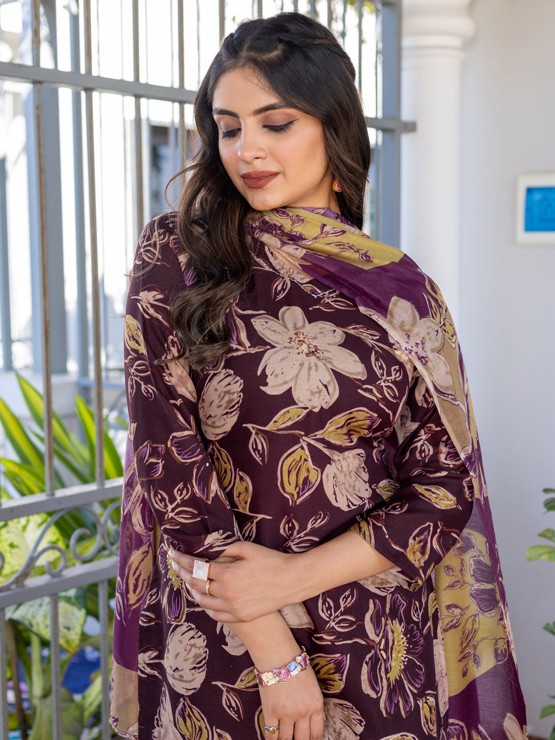 Kurti Pant Dupatta Set, Stitched, Cotton, Purple