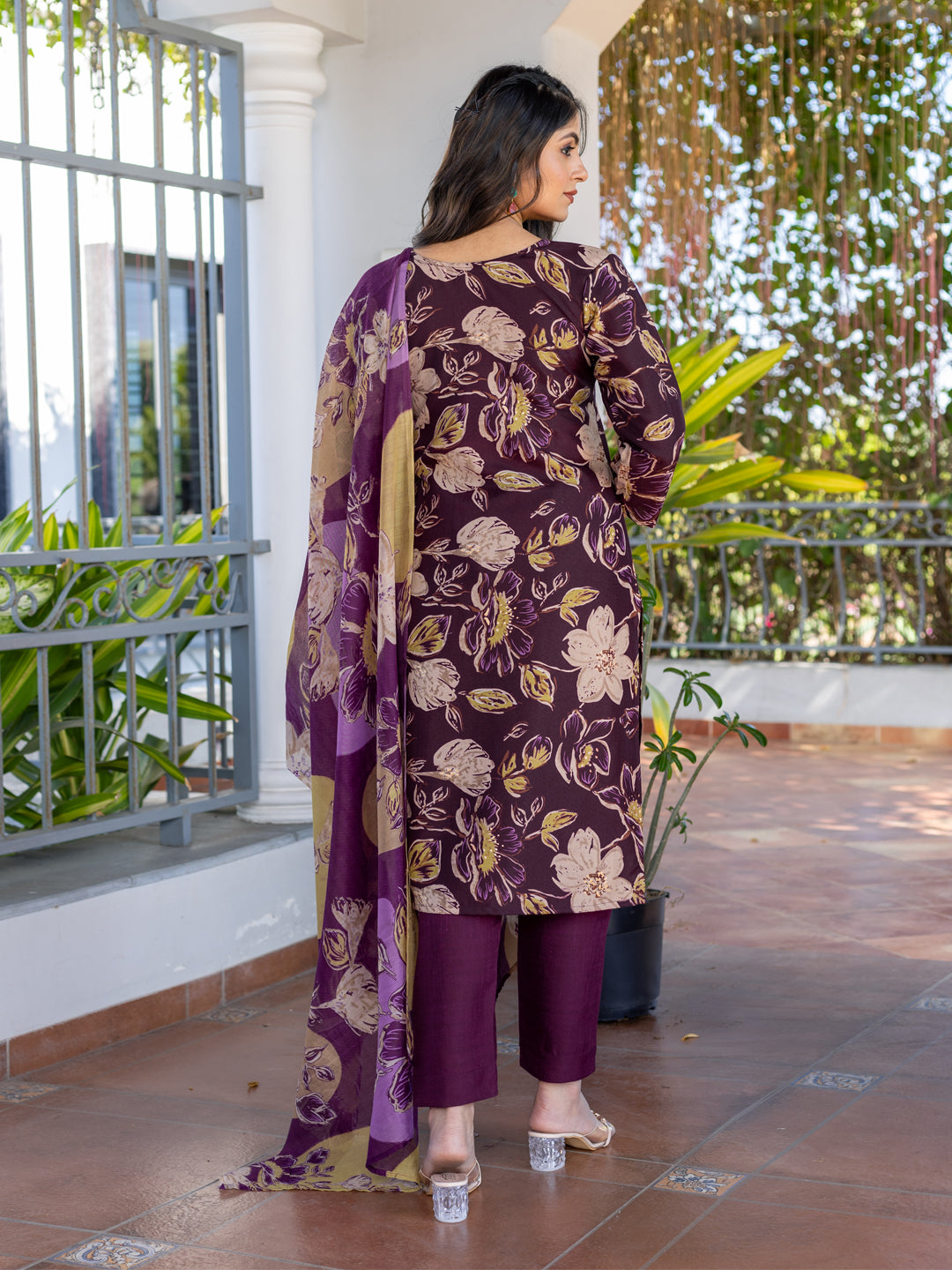 Kurti Pant Dupatta Set, Stitched, Cotton, Purple