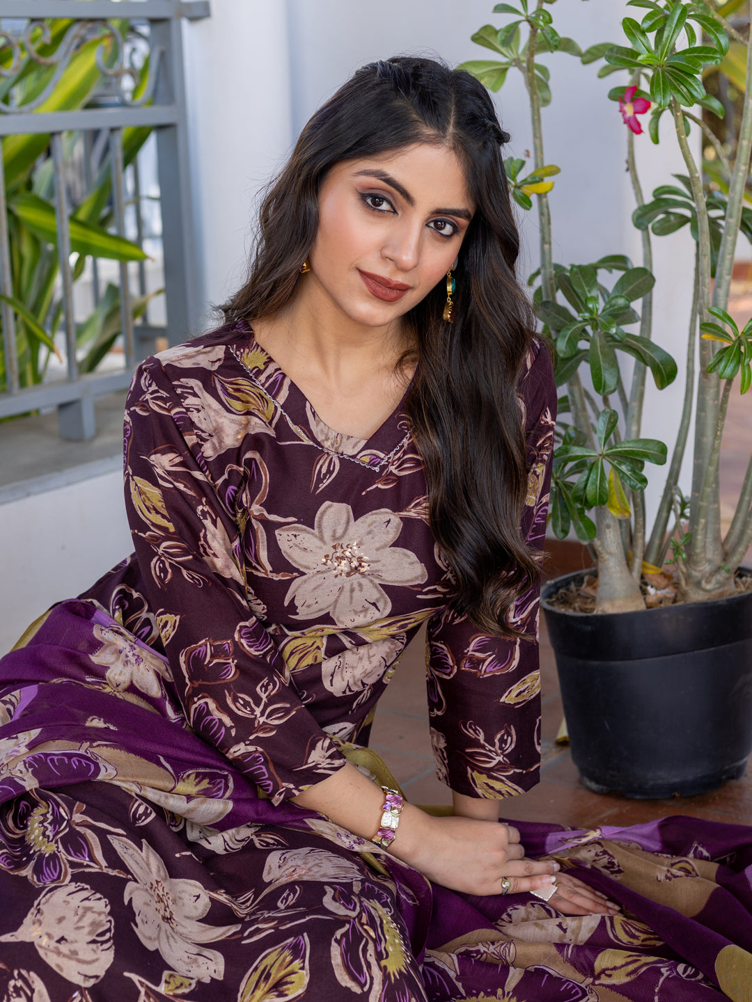 Kurti Pant Dupatta Set, Stitched, Cotton, Purple