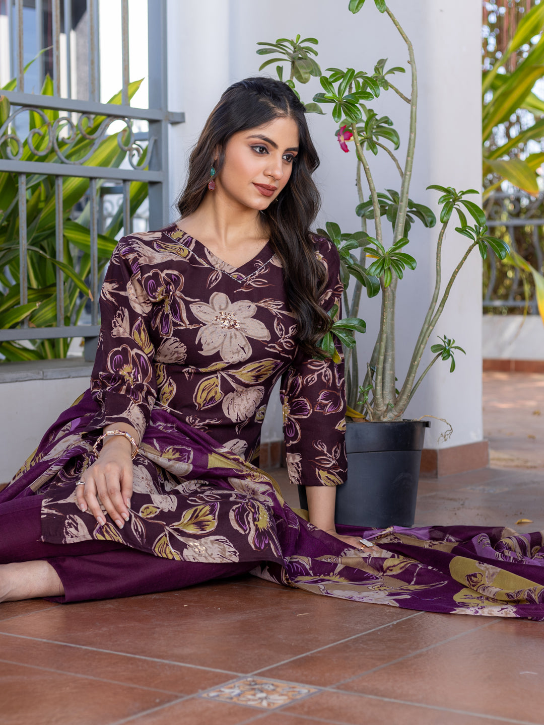 Kurti Pant Dupatta Set, Stitched, Cotton, Purple