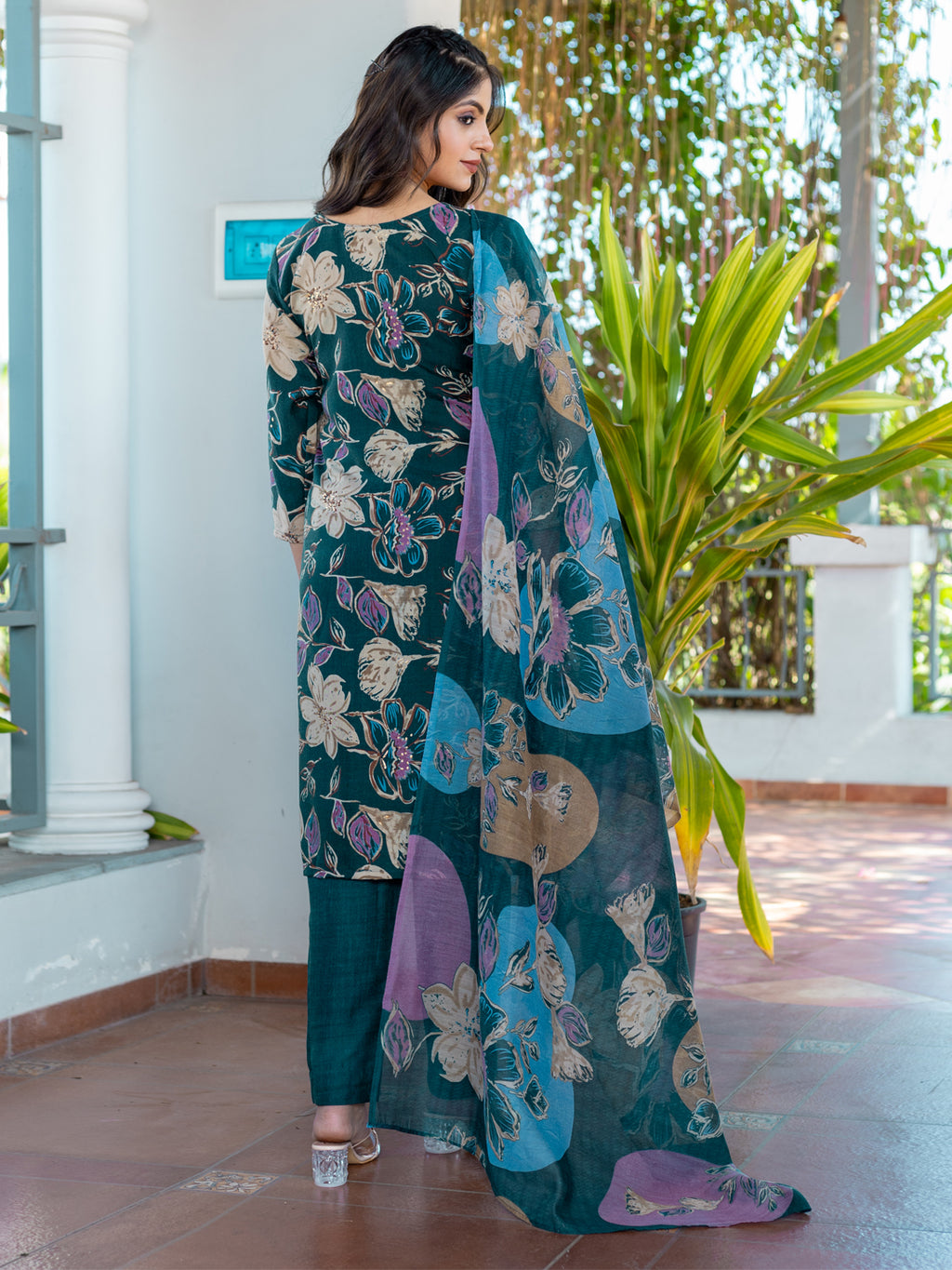 Kurti Pant Dupatta Set, Stitched, Cotton, Rama