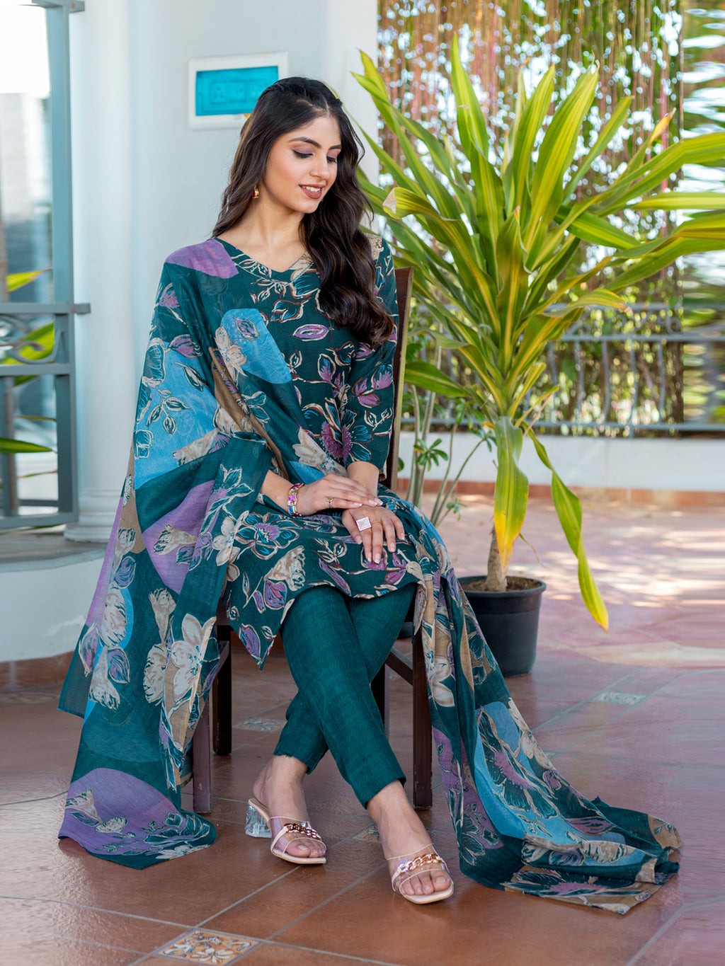 Kurti Pant Dupatta Set, Stitched, Cotton, Rama