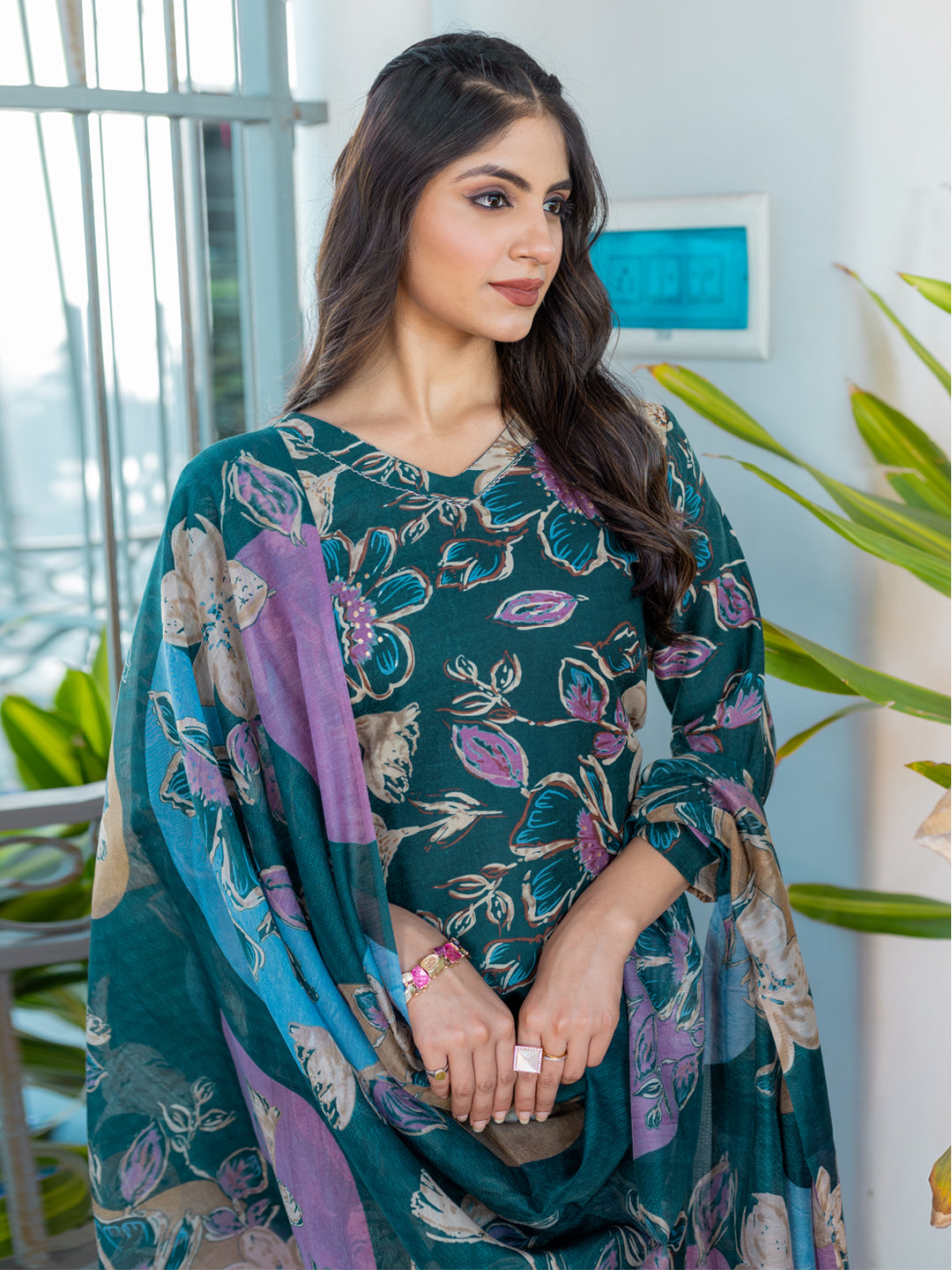 Kurti Pant Dupatta Set, Stitched, Cotton, Rama