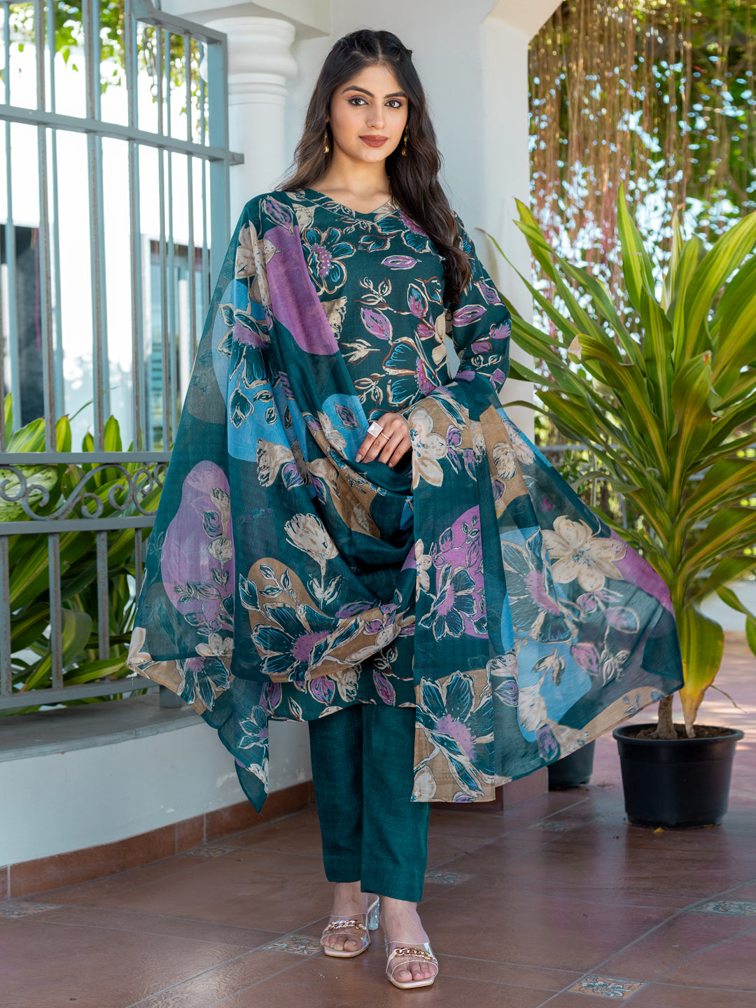Kurti Pant Dupatta Set, Stitched, Cotton, Rama