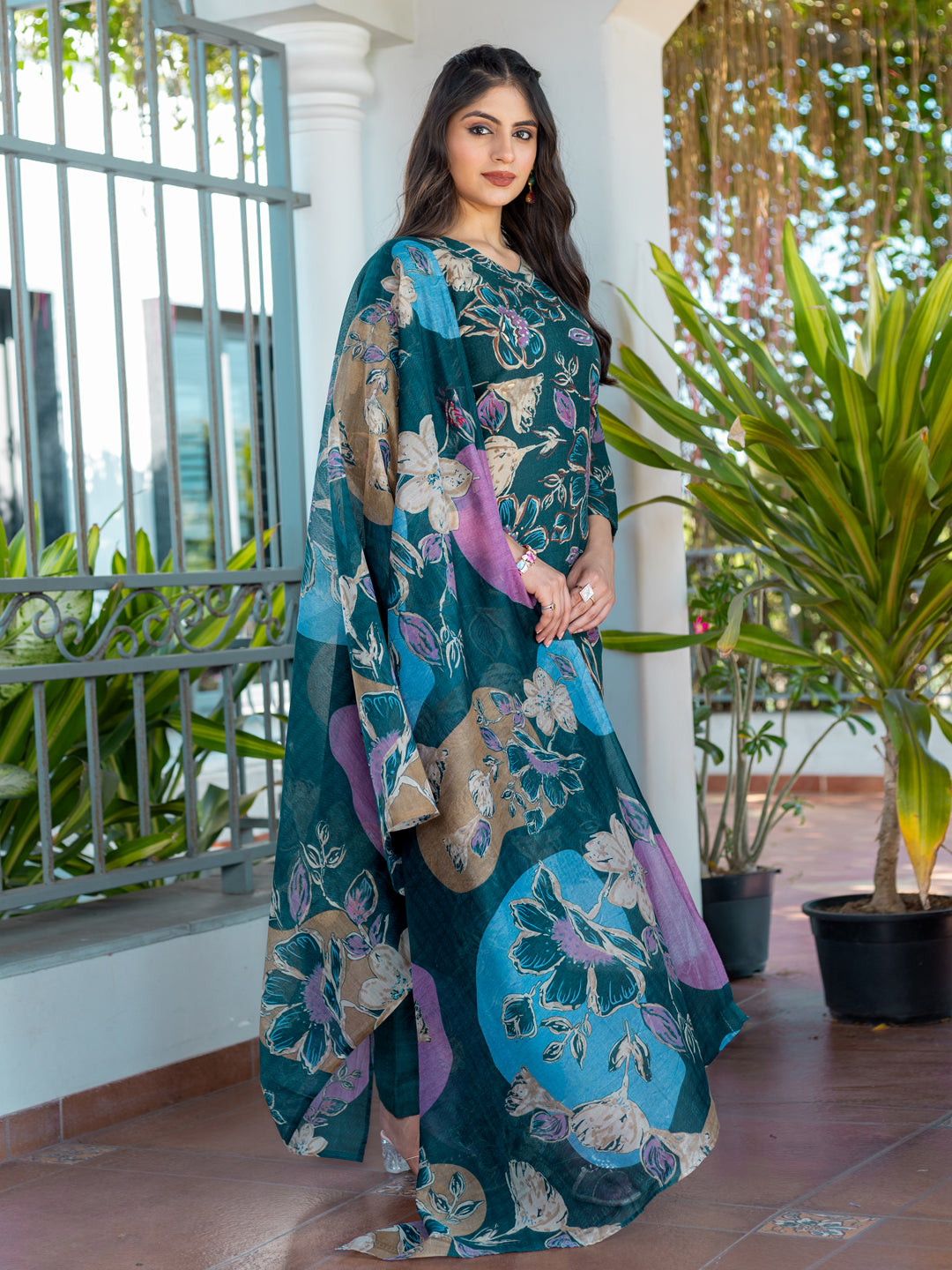 Kurti Pant Dupatta Set, Stitched, Cotton, Rama