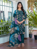 Kurti Pant Dupatta Set, Stitched, Cotton, Rama