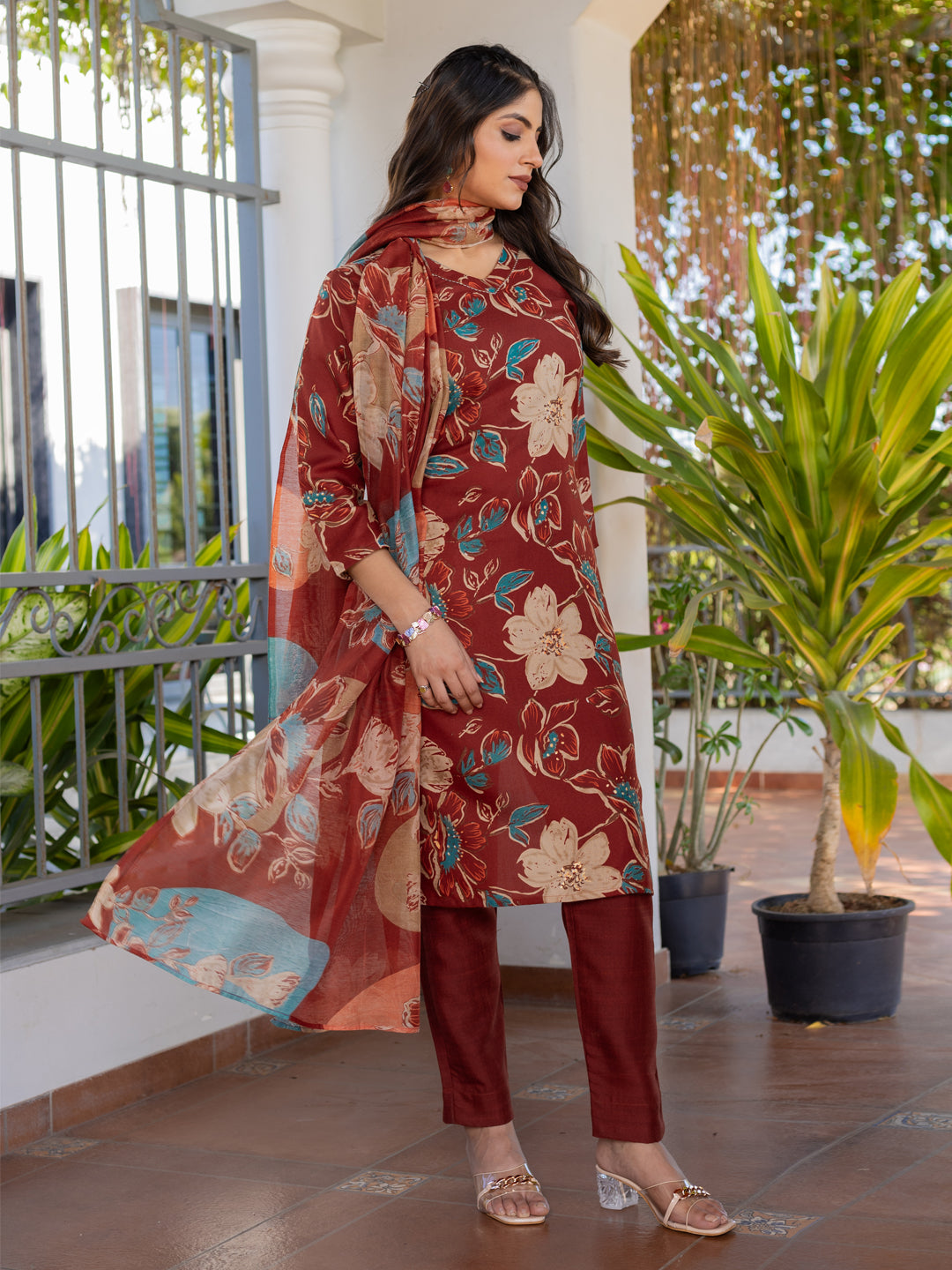 Kurti Pant Dupatta Set, Rust Cotton, Stitched