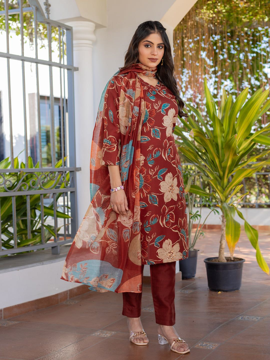 Kurti Pant Dupatta Set, Rust Cotton, Stitched