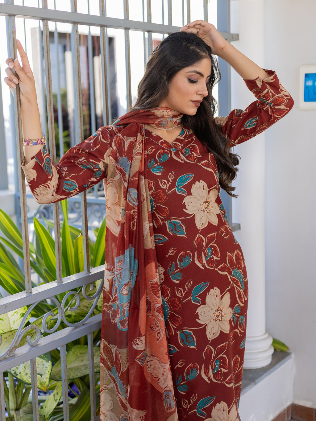 Kurti Pant Dupatta Set, Rust Cotton, Stitched
