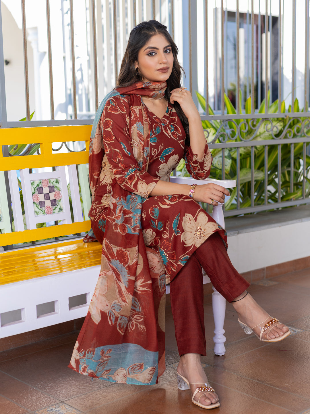 Kurti Pant Dupatta Set, Rust Cotton, Stitched