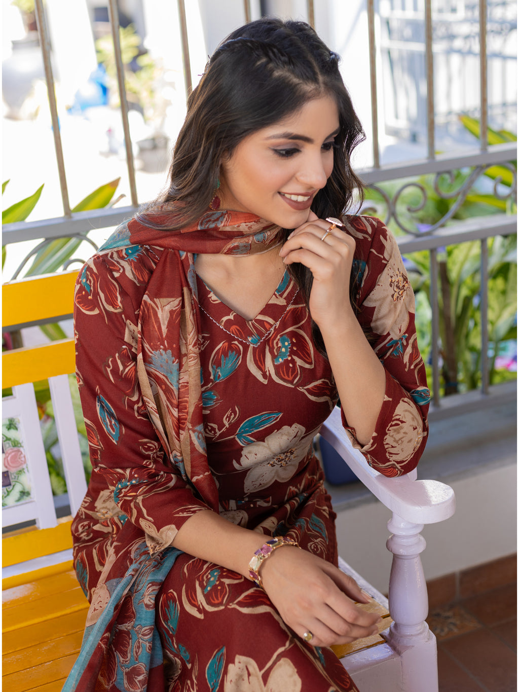 Kurti Pant Dupatta Set, Rust Cotton, Stitched