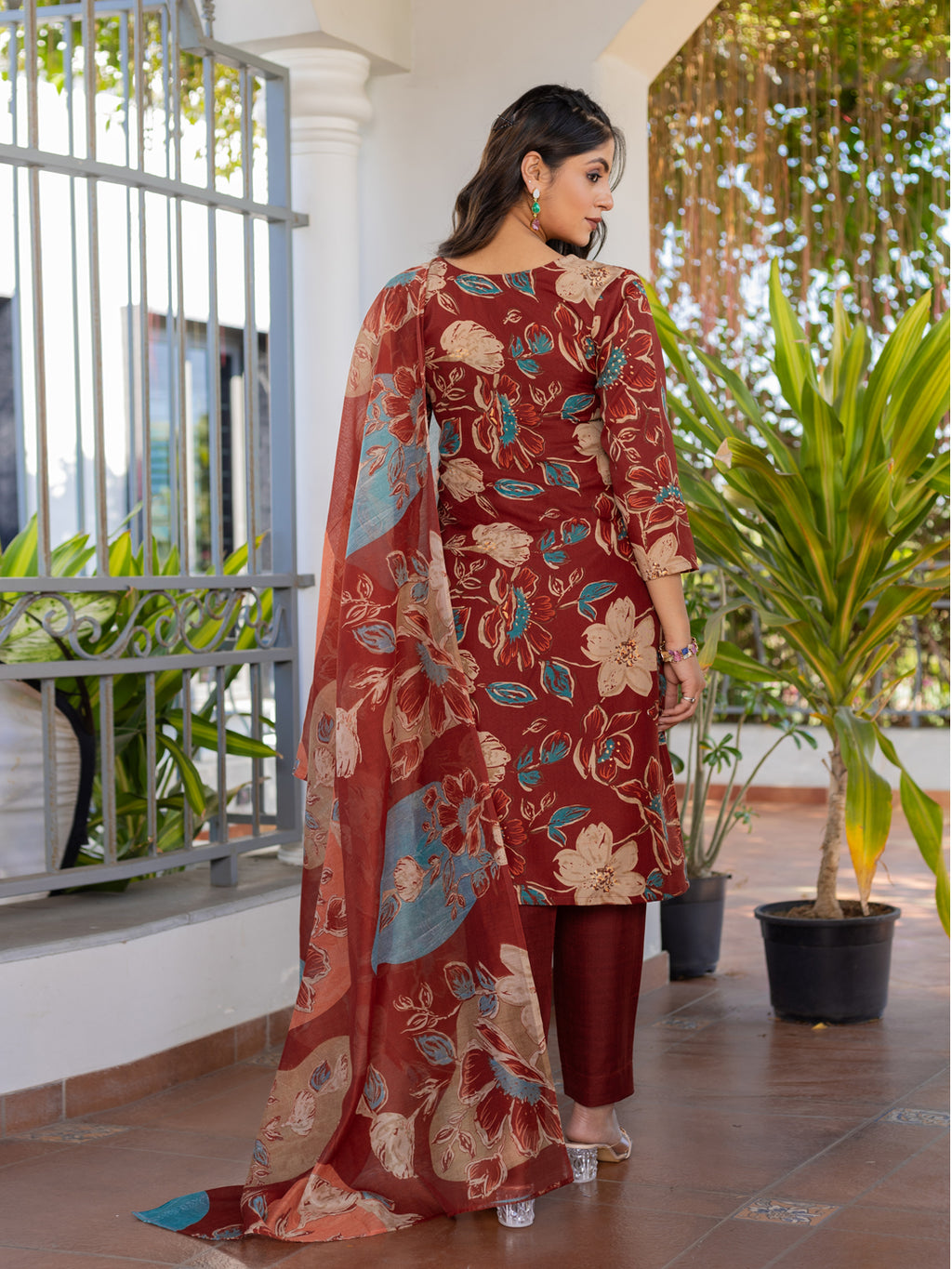 Kurti Pant Dupatta Set, Rust Cotton, Stitched