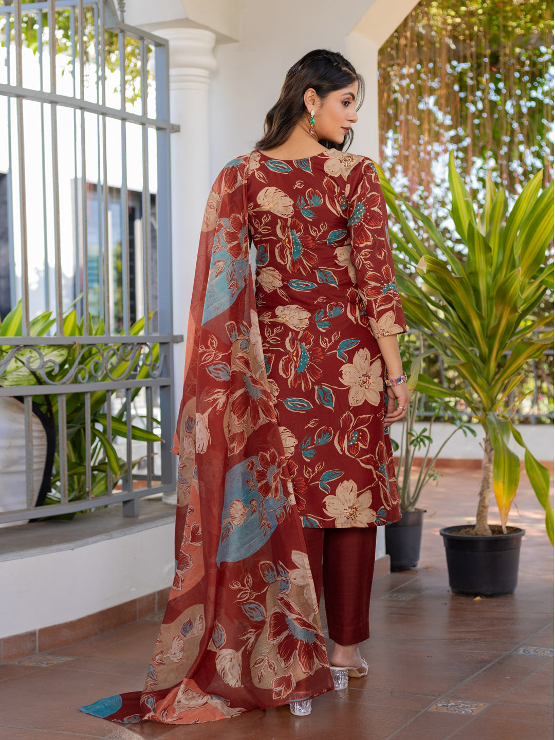 Kurti Pant Dupatta Set, Rust Cotton, Stitched