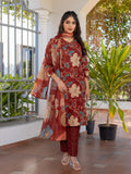Kurti Pant Dupatta Set, Rust Cotton, Stitched