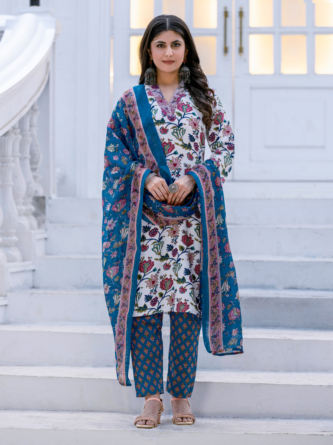 Kurti Pant Dupatta Set, Stitched, Rayon, White