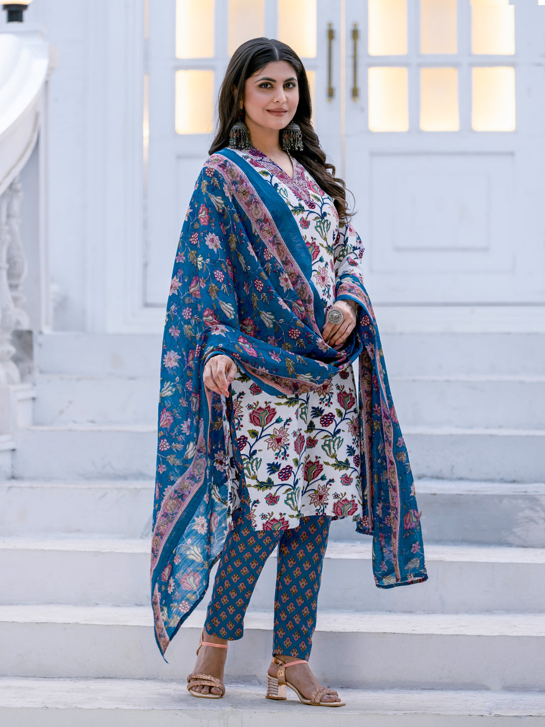 Kurti Pant Dupatta Set, Stitched, Rayon, White
