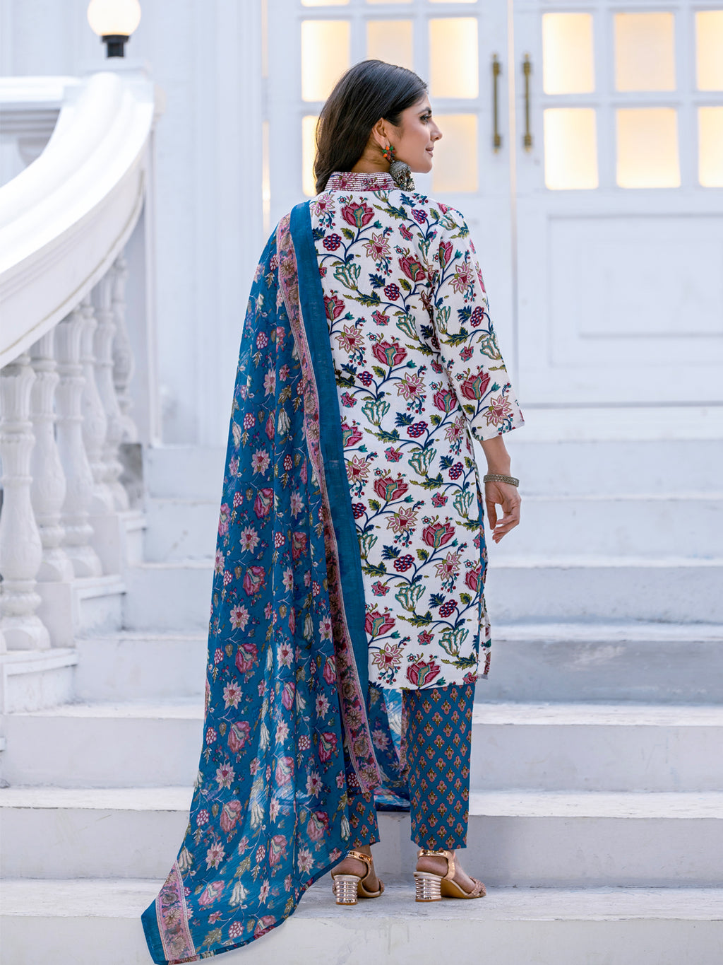 Kurti Pant Dupatta Set, Stitched, Rayon, White