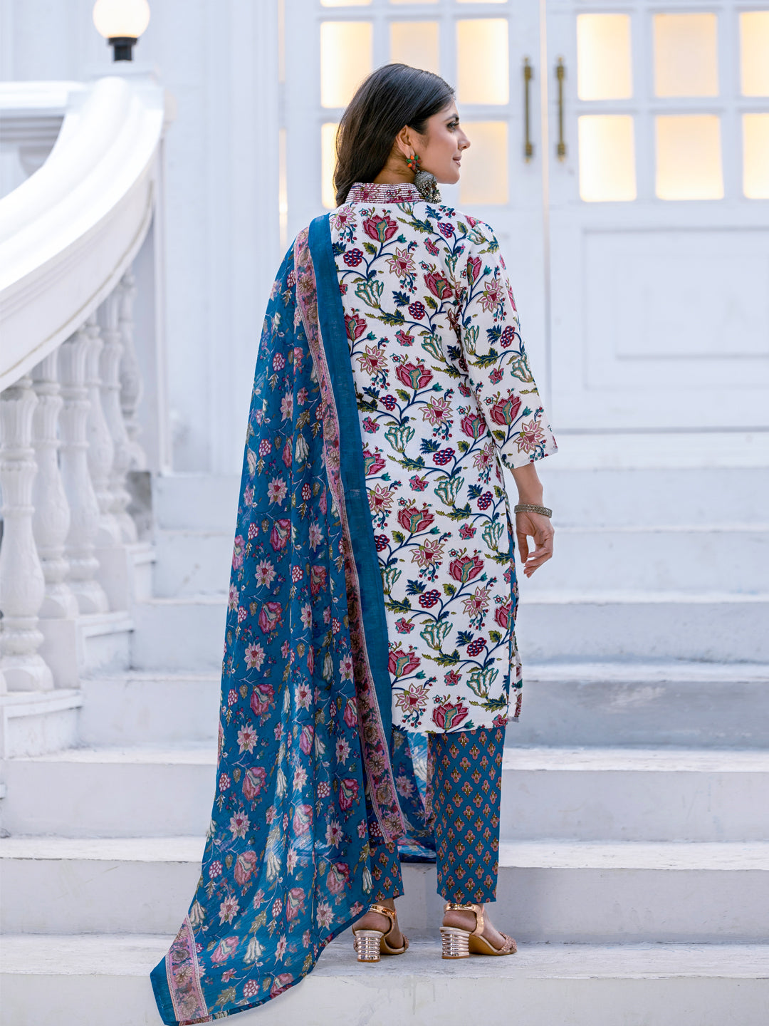 Kurti Pant Dupatta Set, Stitched, Rayon, White