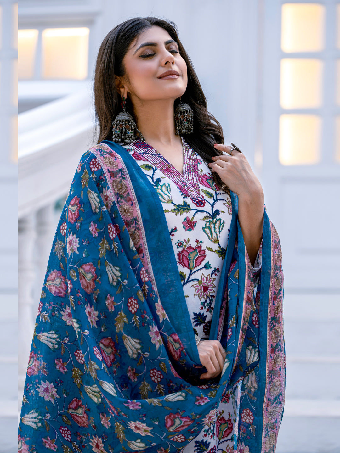Kurti Pant Dupatta Set, Stitched, Rayon, White