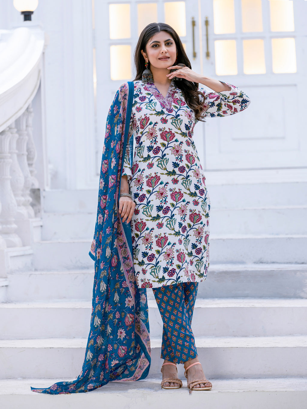 Kurti Pant Dupatta Set, Stitched, Rayon, White