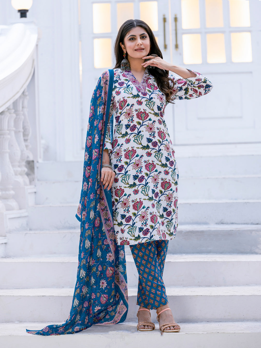 Kurti Pant Dupatta Set, Stitched, Rayon, White